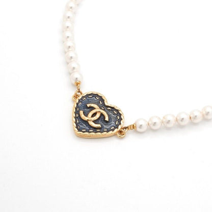 Chanel Necklace Pendant Choker Gold White Here Mark Heart