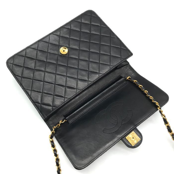 Chanel CC Logo Lambskin Leather Quilted Push Lock Chain Shoulder Bag Black