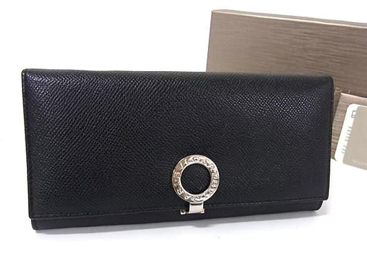 Bvlgari Leather Bifold Long Wallet Coin Purse Billfold Black Bs0399