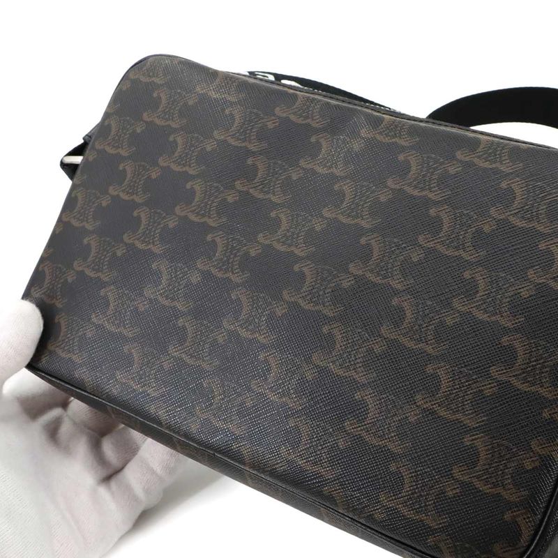 Celine Triomphe Medium Messenger Shoulder Bag PVC Leather Black Brown 197202dnd