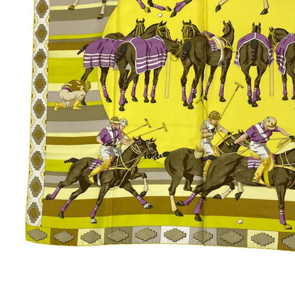 Hermes Carre 90 Scarf Silk LES Poneys DE POLO Large Size Horse Print Yellow