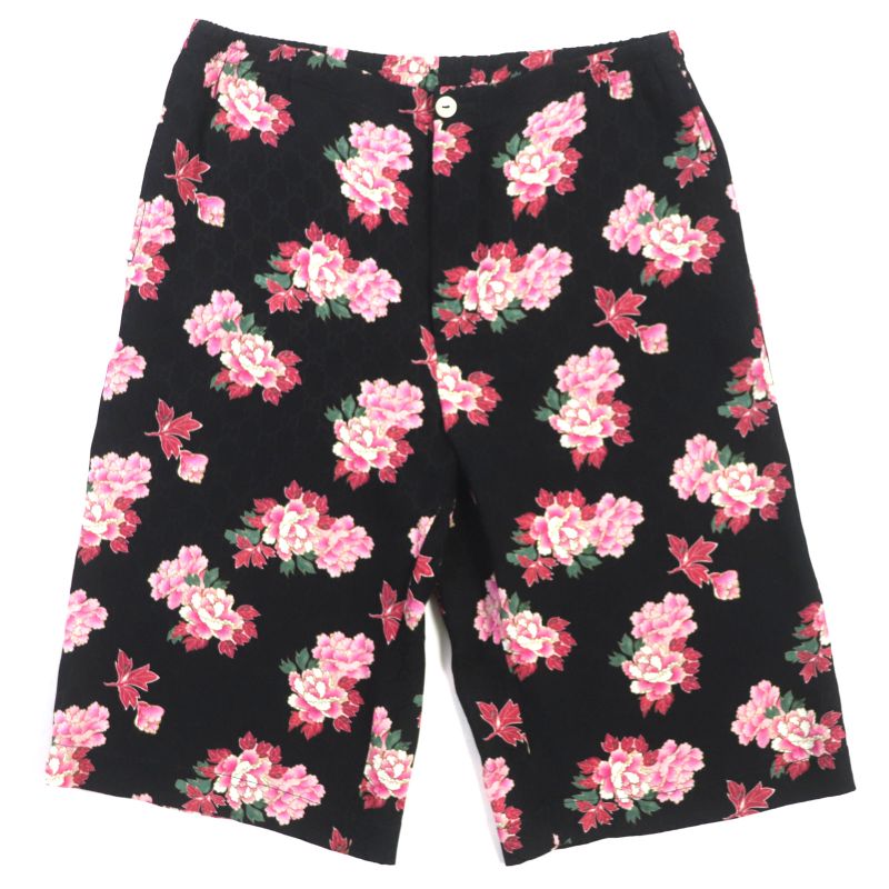 Gucci 624399 100% Silk GG Pattern Floral Shorts Black Pink 44 Made In Italy