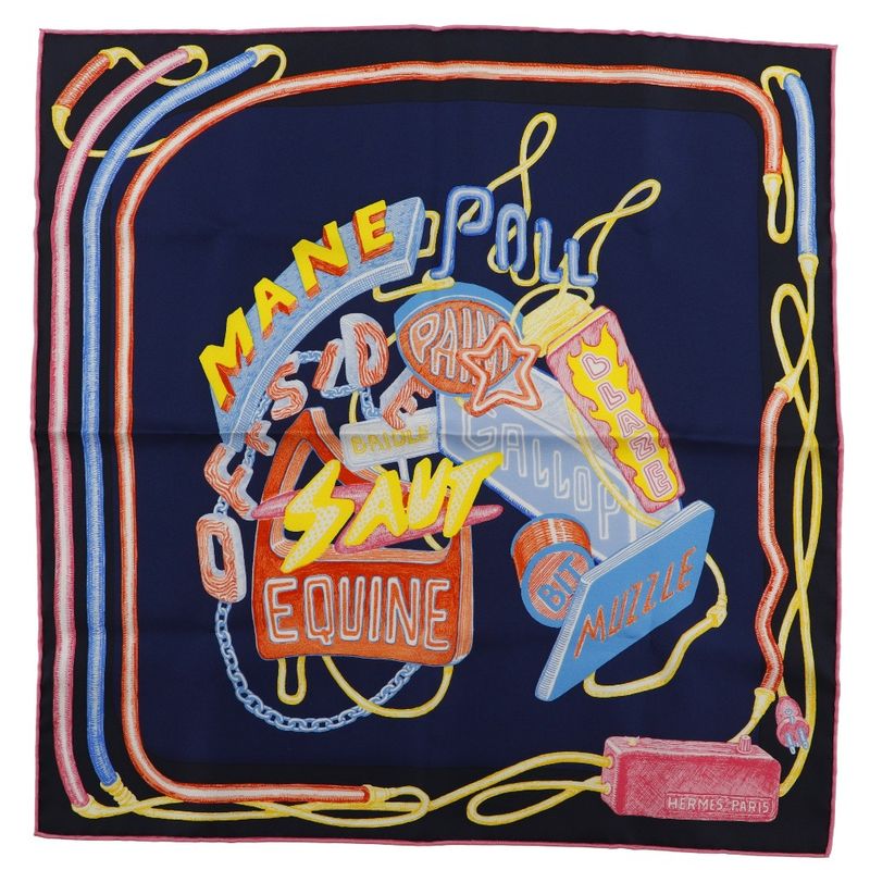 Hermes Carré 45 Gavroche Chevaloscope Neon 23SS Silk Dark Blue Pink Women's