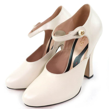 Gucci 447599 Leather Interlocking G Pearl Ankle Strap Round Toe Pumps Ivory 37