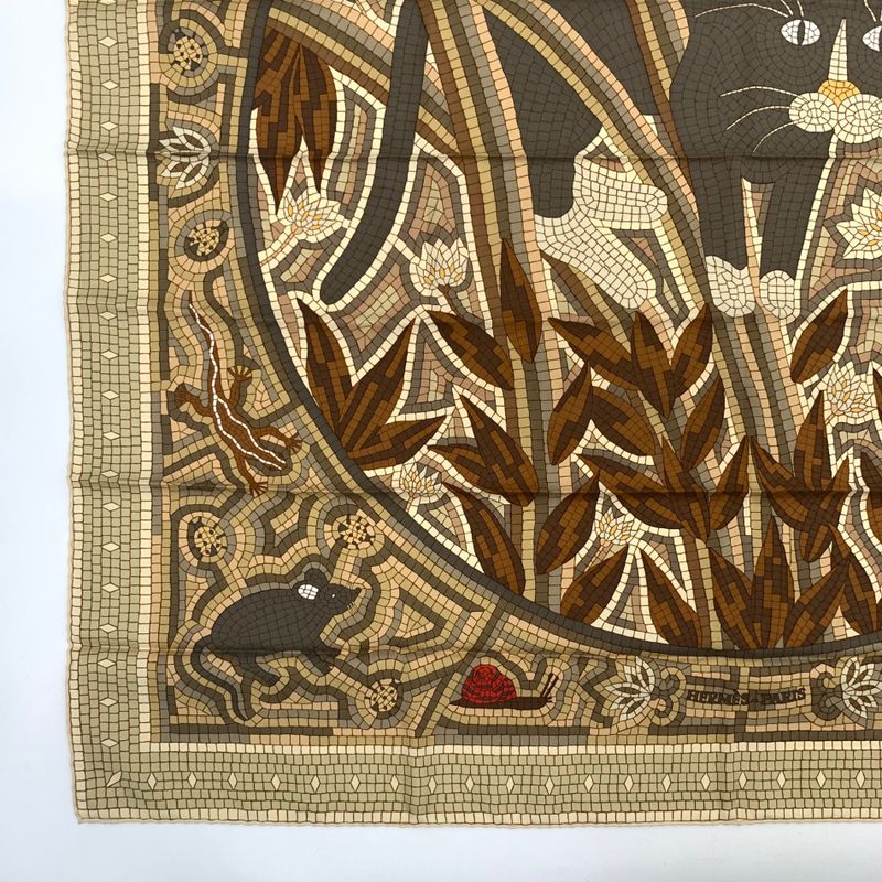 Hermes Carre 90 CAVE Felem Note The Cat Beige Scarf 100% Silk