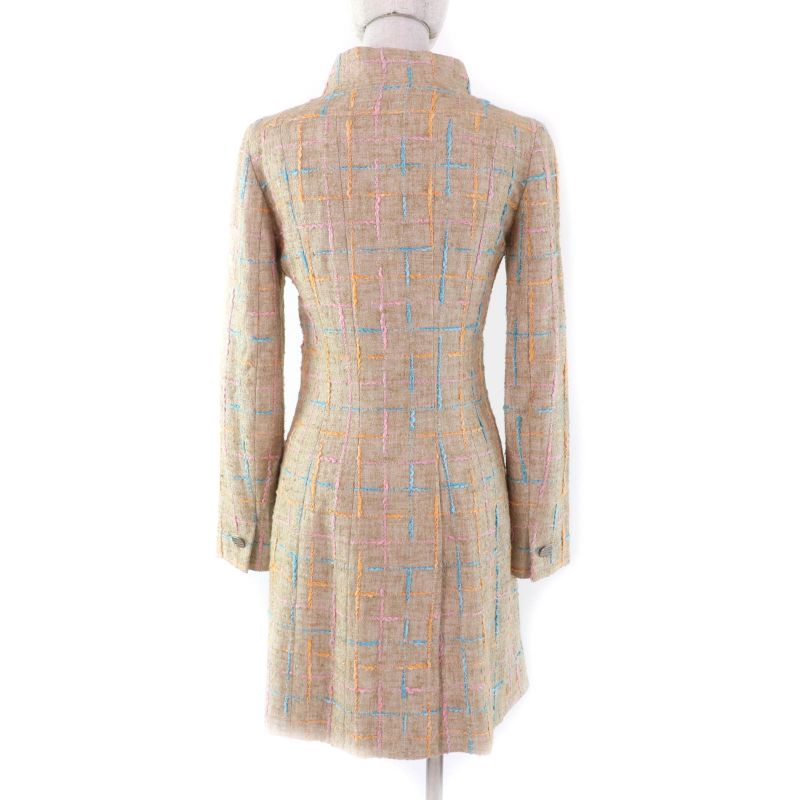 CHANEL Vintage 01P P17594 Stand Collar Tweed Coat With Coco Mark Buttons Beige