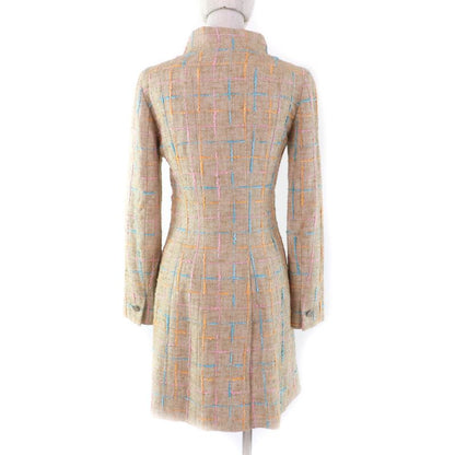 CHANEL Vintage 01P P17594 Stand Collar Tweed Coat With Coco Mark Buttons Beige