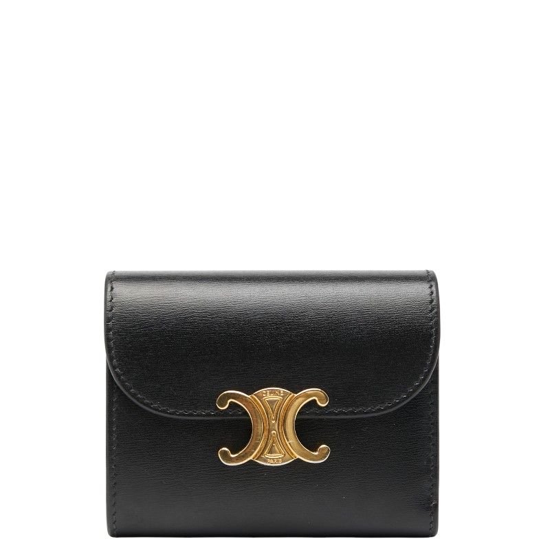 Celine Triomphe Small Flap Wallet Black Leather Women's Celine