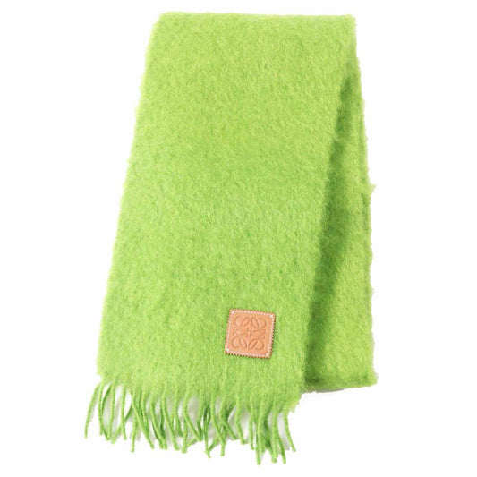 LOEWE Mohair Wool Anagram Leather Patch Fringed Scarf Green Made In Spain