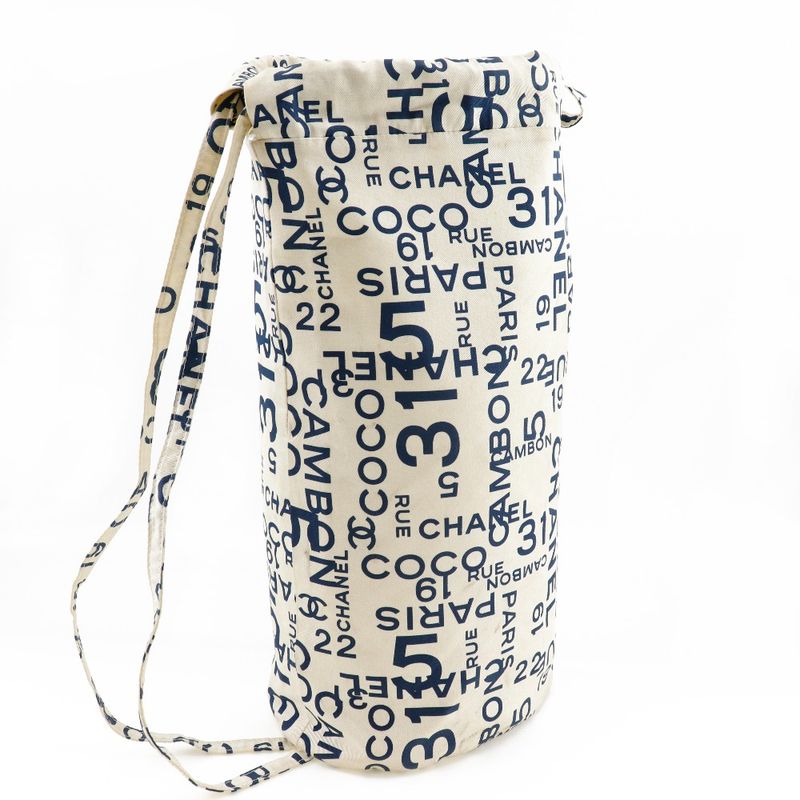 Chanel Beach Bag Vichy Line Logo Cotton White Women's Shoulder Bag