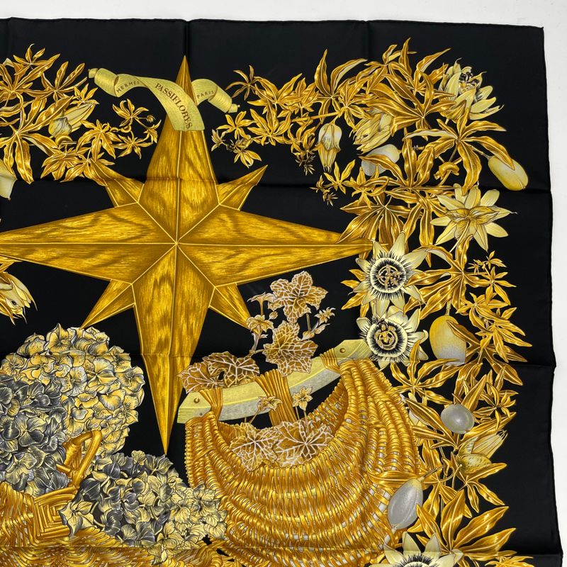 Hermes Carre 90 Passiflores Passion Flower Black 100% Silk Scarf