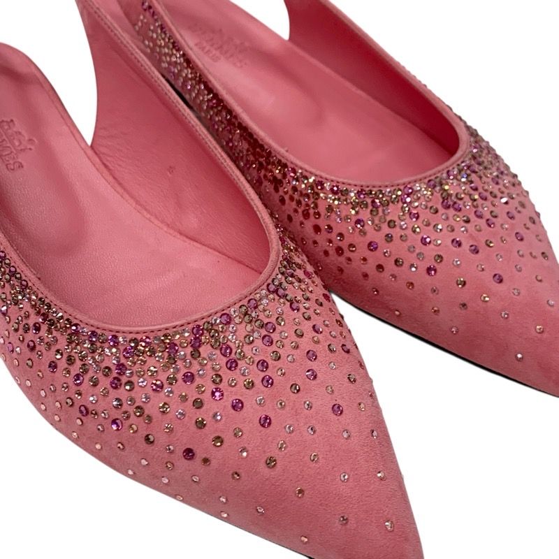 Hermes Flat Shoes Suede Pink Unused Ring Back Rhinestone