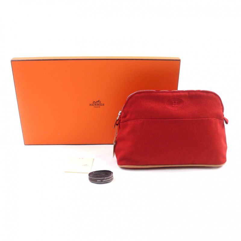 Hermes Bolide Pouch MM 100% Cotton Rouge H Logo Embroidery Leather ZIP Pouch