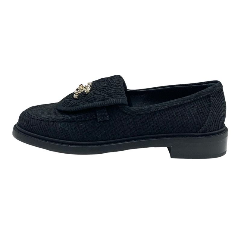 Chanel Loafer Leather Shoes Corduroy Black Gold Turn Lock Here Mark Rhinestone