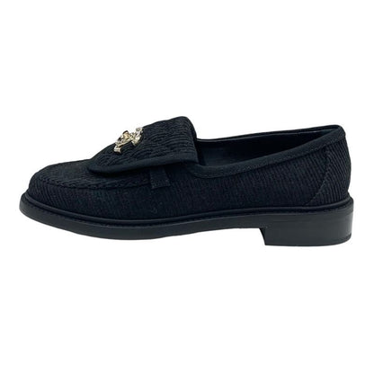 Chanel Loafer Leather Shoes Corduroy Black Gold Turn Lock Here Mark Rhinestone