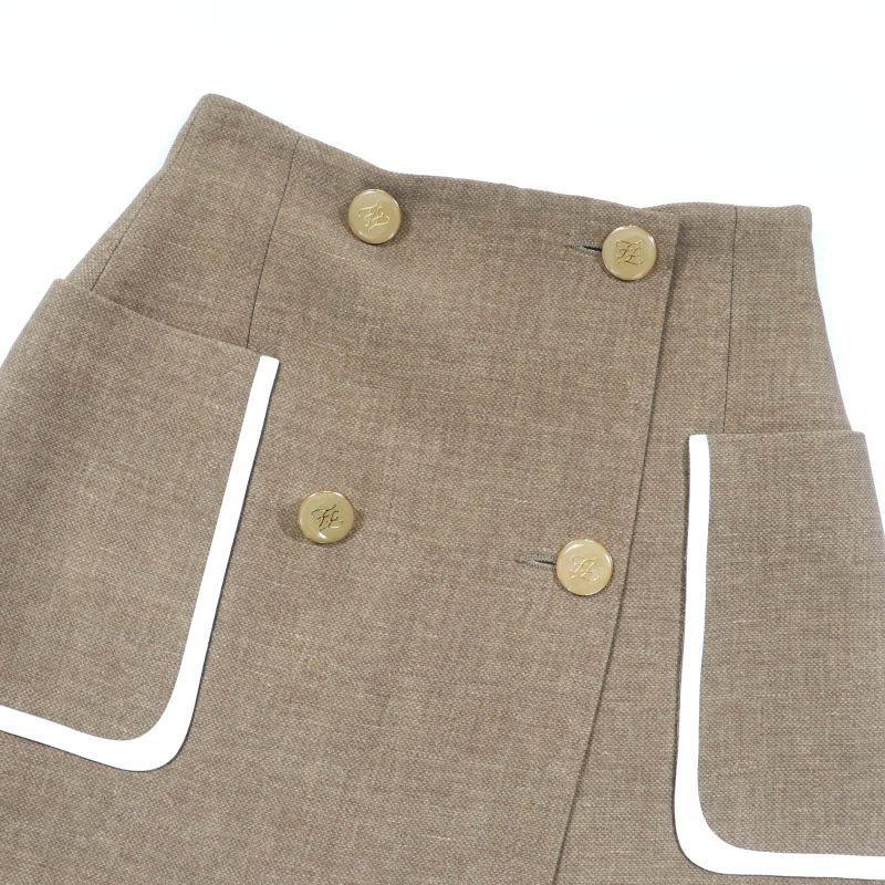 Fendi Fq7097 Wool Silk Leather Use FF Calligraphy Button Trapezoid Skirt Mini