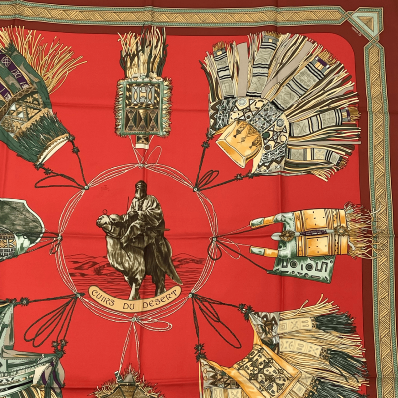 Hermes Carre 90 Hermes Cuirs DU Desert Leather Decorated Silk Scarf Red