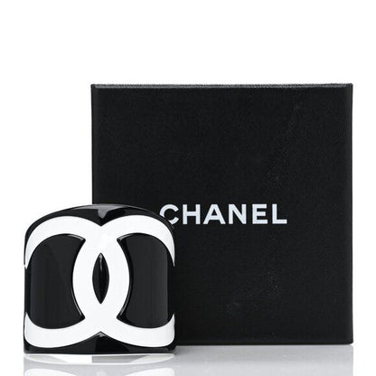 CHANEL CC Logo 05V Vintage Bracelet Cuff Bangle Black White Wide