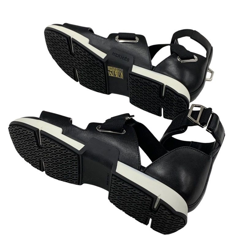 Hermes Sandals Shoes Leather Black Strap