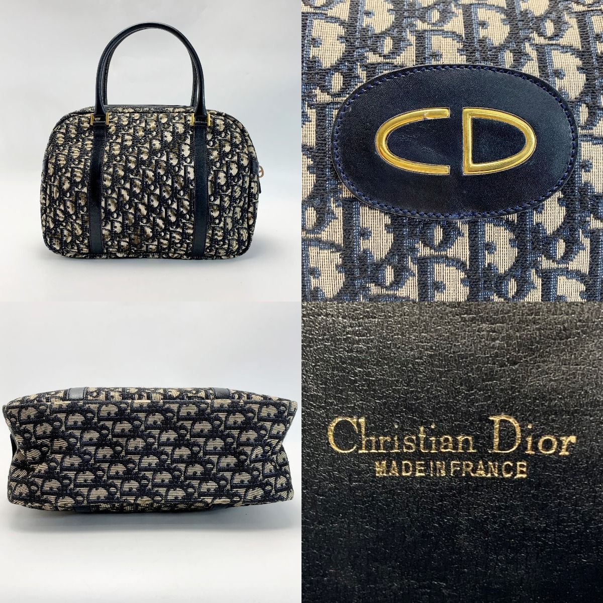 Christian Dior Trotter Logo Canvas Navy Handbag Women's Gold Hardware