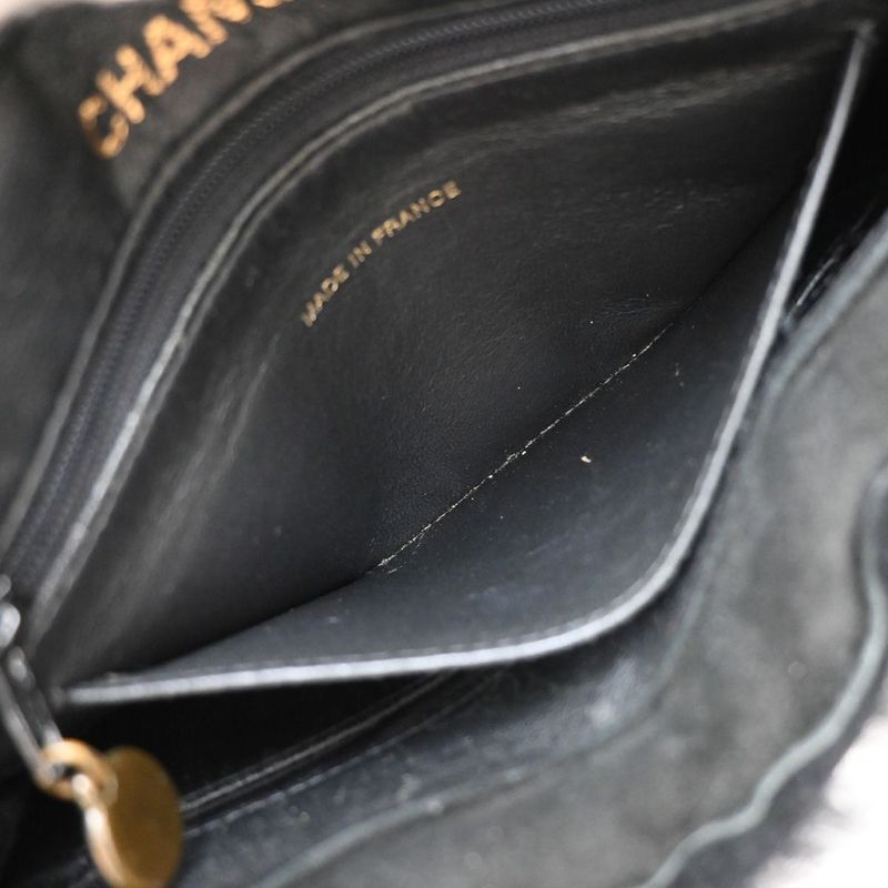 Chanel Handbag Logo Fur Bag Black Leather 34ka824