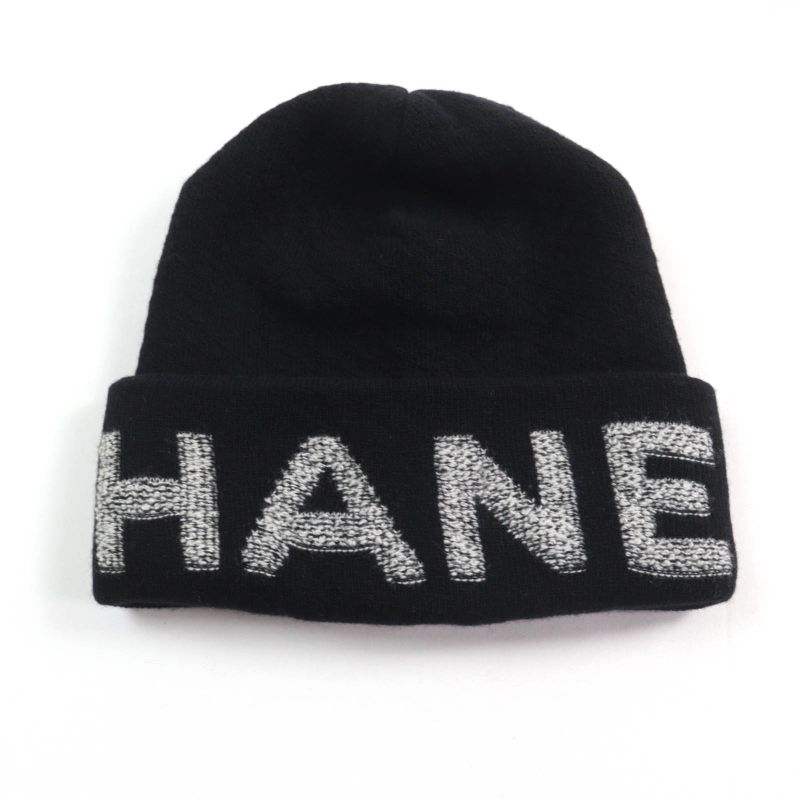 CHANEL Wool Cashmere Blend Logo Design Knit Hat Knit Cap Hat Black Made In