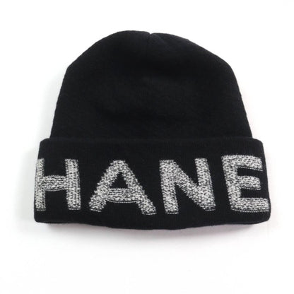 CHANEL Wool Cashmere Blend Logo Design Knit Hat Knit Cap Hat Black Made In