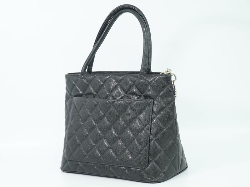 Authentic Chanel Coco Mark Revival Tote Handbag Caviar Skin Leather Black Coco