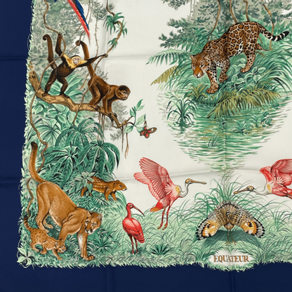 Hermes Scarf Carre 90 Equateur Equatorial Animals Birds All Over Silk Blue