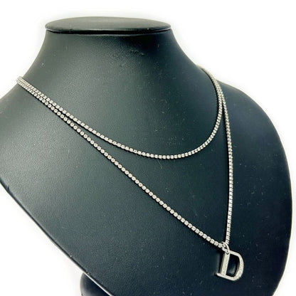 Christian Dior Metal Rhinestone D Logo Necklace Women's Silver 348024 Necklace