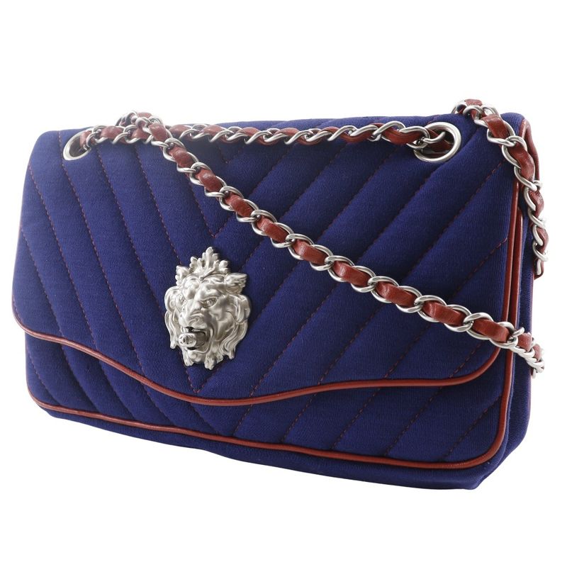 Chanel Double Chain Shoulder V-stitched Lion Chevron Cotton Navy Blue/red
