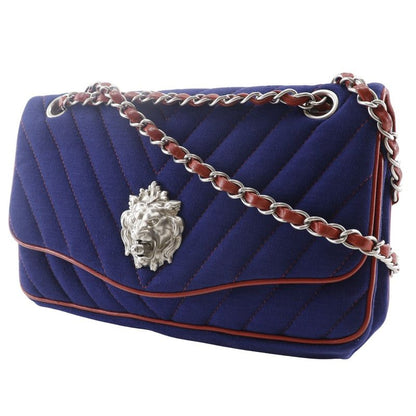 Chanel Double Chain Shoulder V-stitched Lion Chevron Cotton Navy Blue/red