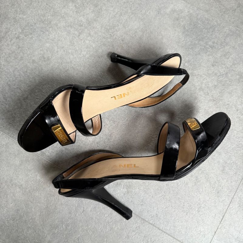 Chanel Logo Sandals Patent Leather Black Gold 37 24cm (9.45in)