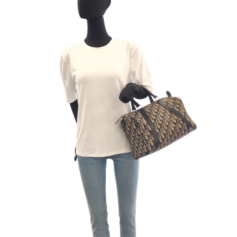 DIOR Vintage Trotter Navy Beige Silver Hardware Canvas/leather Handbag Boston