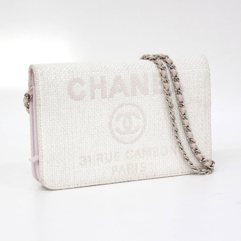 Chanel Deauville Chain Wallet Leather X Straw Light Pink Shoulder Bag Silver