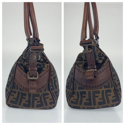 Fendi Zucca Pattern Etnico Brown Canvas/leather Shoulder Bag Handbag Tote Bag