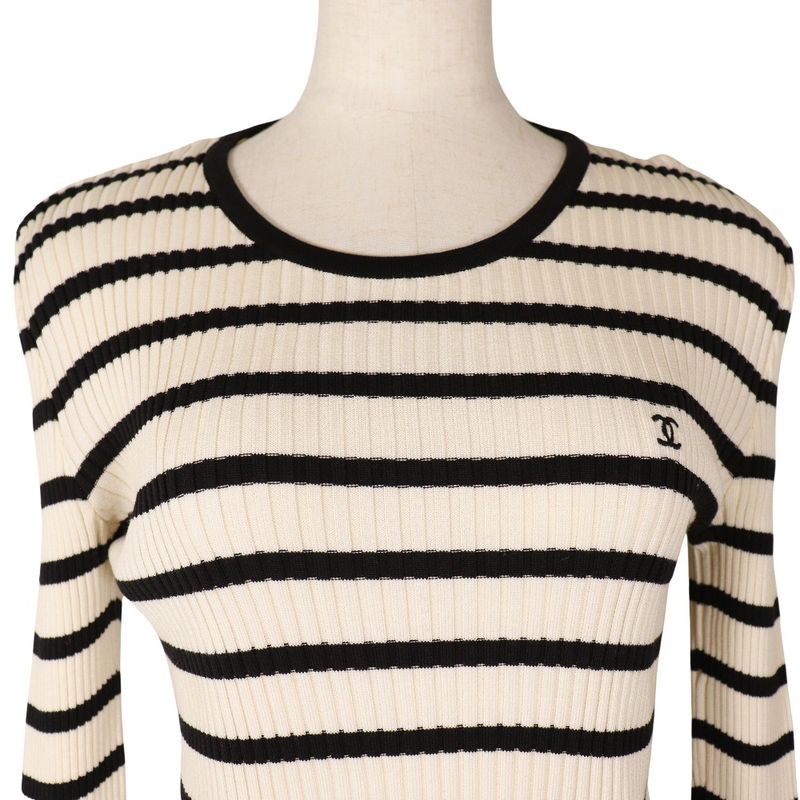 Chanel Coco Mark Striped 98P P10238v00445 Cotton White/black Women's Sweater
