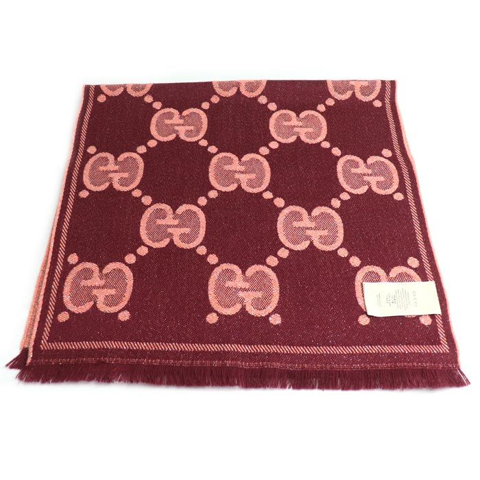 Gucci GG Wool Lame Jacquard Scarf Logo Scarf Pink Burgundy 598993 3gc15 Women