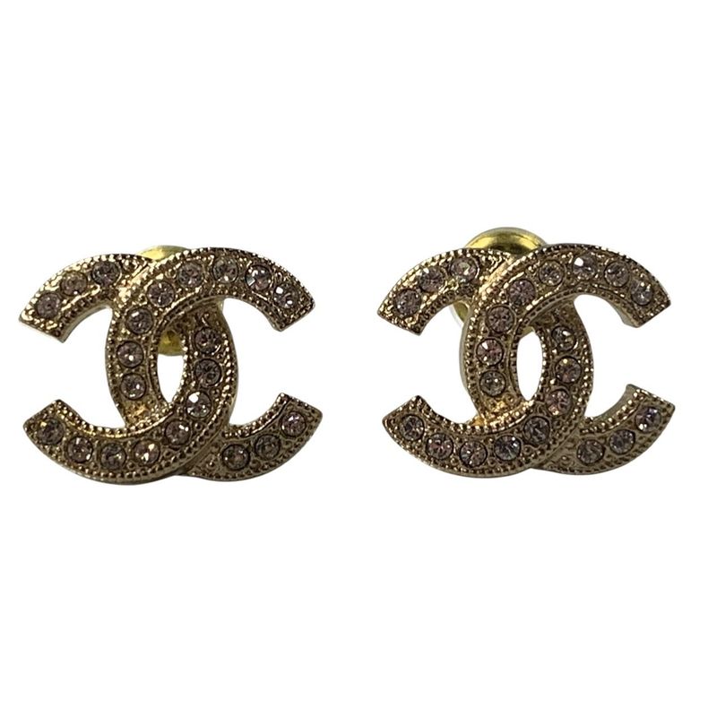 2941 Chanel Coco Mark Earrings Rhinestone Silver Metal Accessories F22V