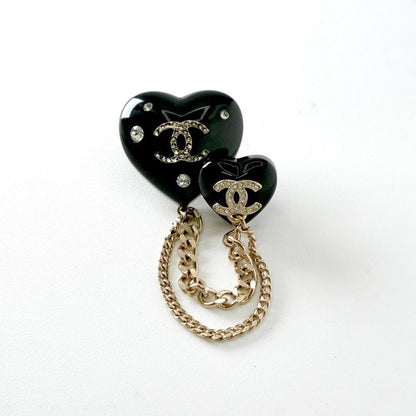 Chanel Brooch Corsage Black Gold Coco Mark Rhinestone Chain Heart