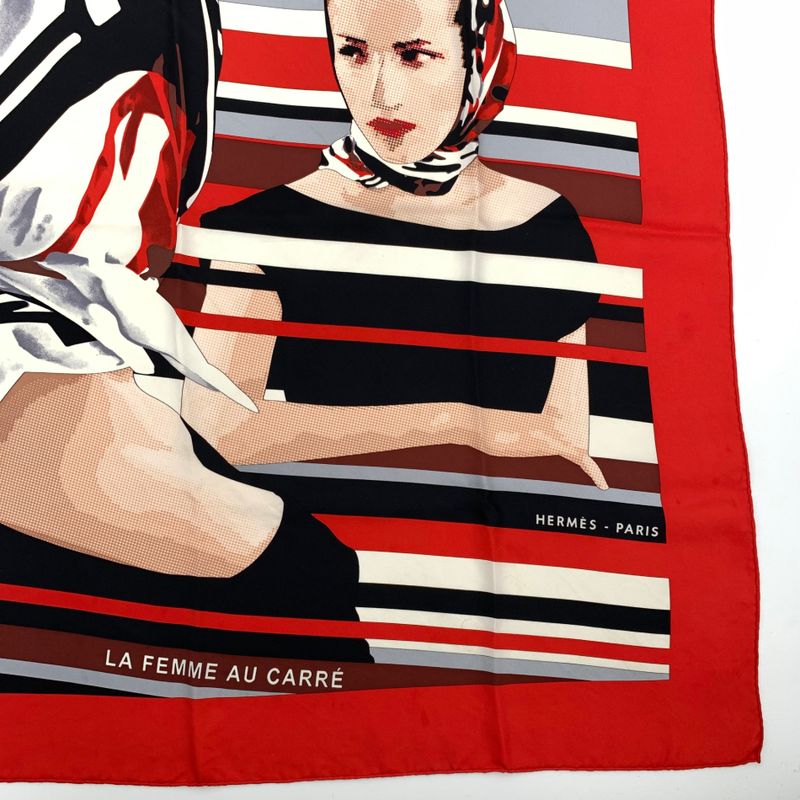 Hermes Carre 90 Pointe LA Femme AU Carre Pointeux Red 100% Silk Scarf