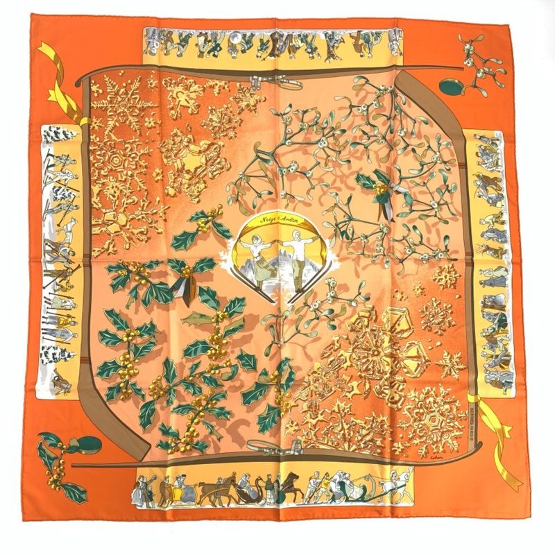 Hermes Carre 90 Neige D'antan Last Year's Snow Orange Scarf 100% Silk