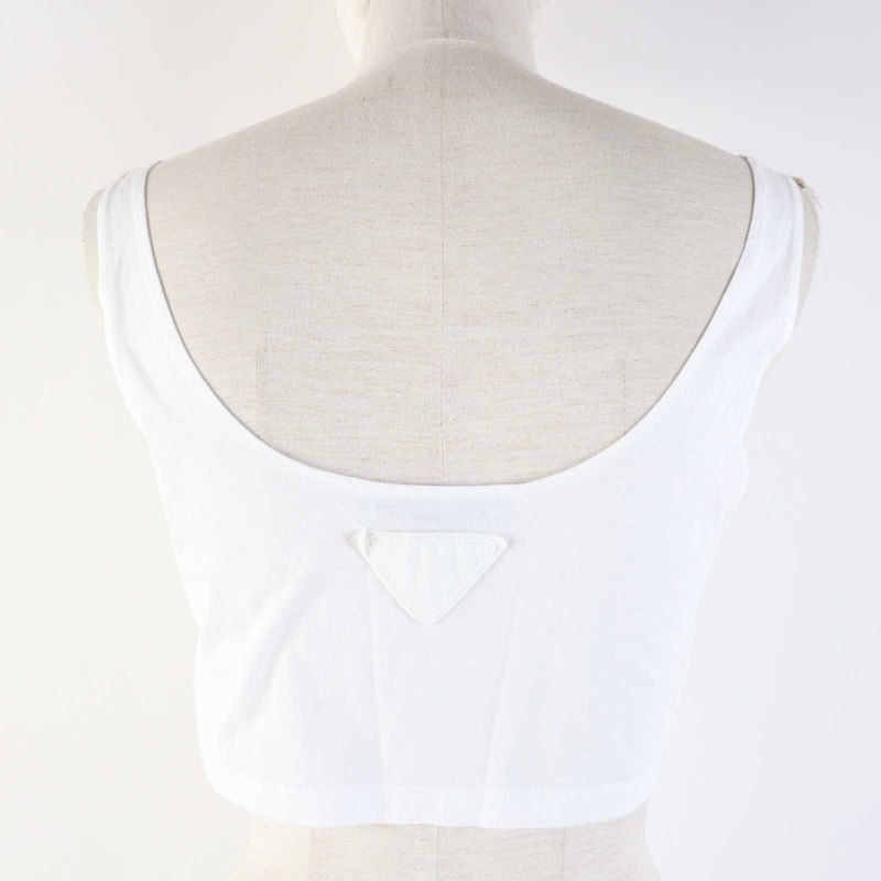 Prada 23SS P29980 Cotton Triangle Logo Embroidery Mesh Cropped Sleeveless Top/