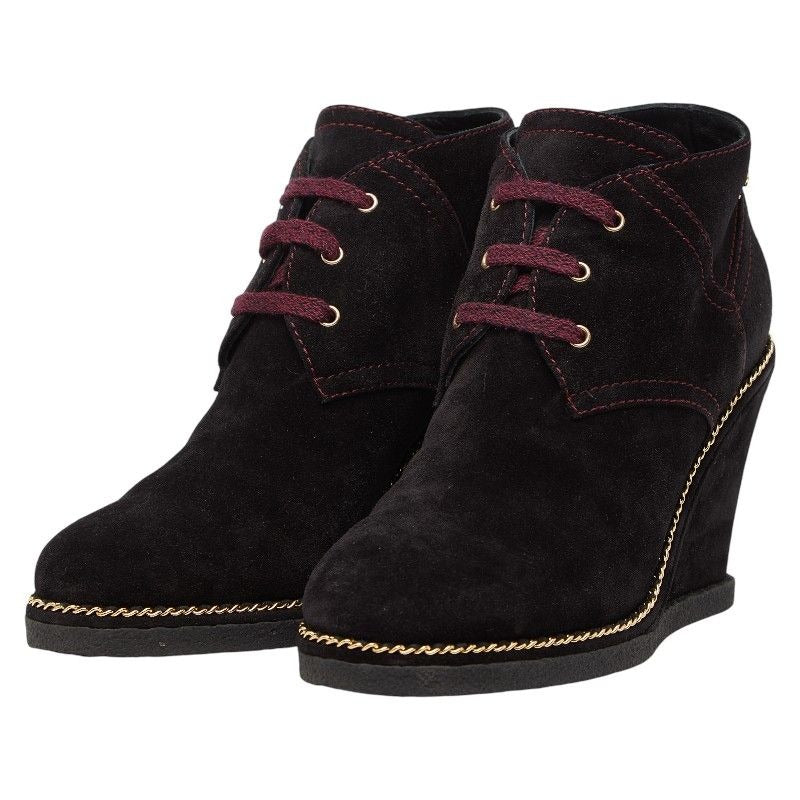 Chanel CC Logo Short Boots Wedge Sole Brown Purple