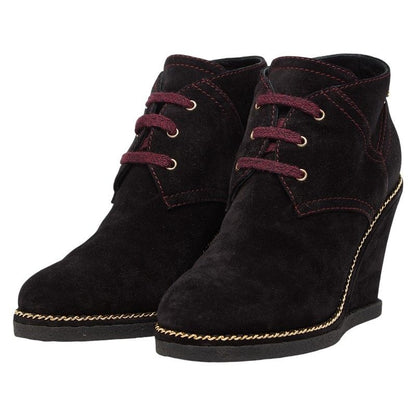 Chanel CC Logo Short Boots Wedge Sole Brown Purple