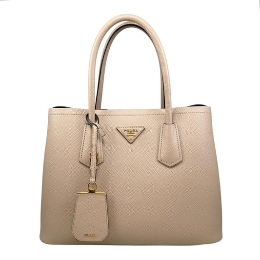 Prada Handbag Double Bag Saffiano Cuir Leather Triangle Logo Beige