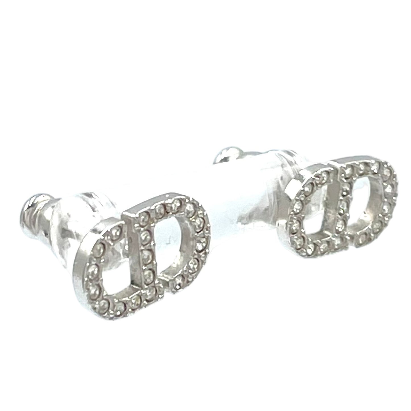 Dior CD Stud Metal Color Stone Clear Silver Earrings — view 2