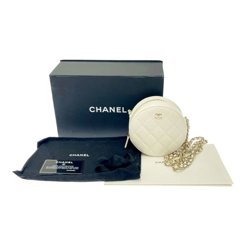 Chanel Quilted Caviar Leather Round Chain Shoulder Bag White