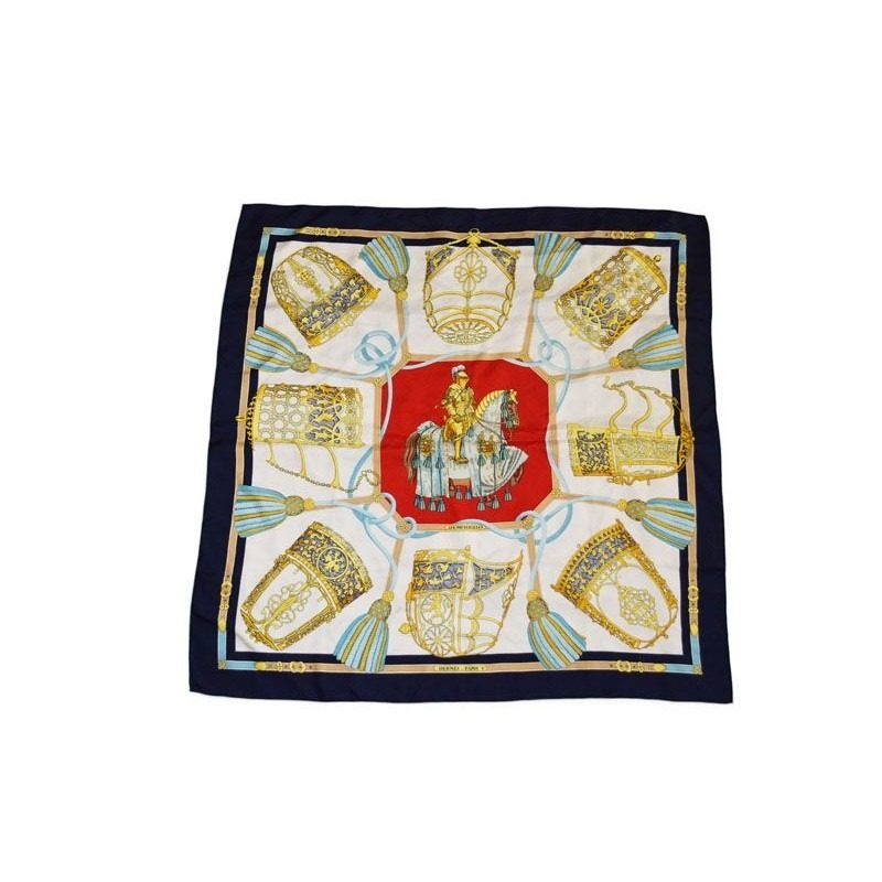 Hermes Carre 90 les Muserolles Nose Leather 100% Navy White Scarf