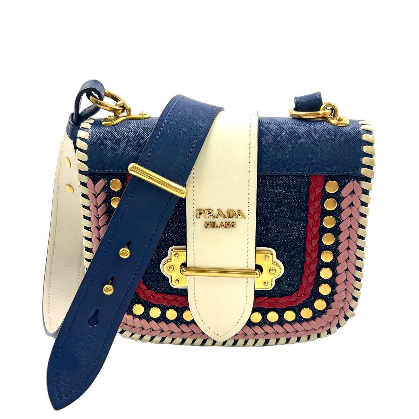 Prada Cahier Leather Navy White Shoulder Bag Gold